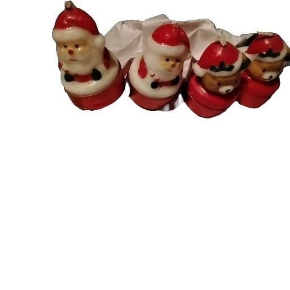 4 Vntg Christmas Tealight Candles 2 Santas & 2 Santa Bears 2.5" Holiday Set RARE
